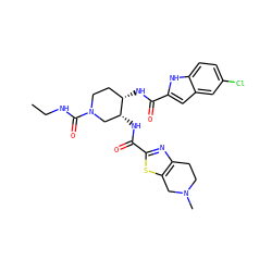 CCNC(=O)N1CC[C@H](NC(=O)c2cc3cc(Cl)ccc3[nH]2)[C@H](NC(=O)c2nc3c(s2)CN(C)CC3)C1 ZINC000029128356