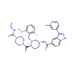 CCNC(=O)N1CCN(C(=O)[C@@H]2CC[C@@H](NC(=O)c3ccc4[nH]nc(-c5ccnc(C)c5)c4c3)CN2Cc2c(F)cccc2OC)CC1 ZINC000205026975