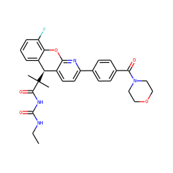 CCNC(=O)NC(=O)C(C)(C)[C@@H]1c2ccc(-c3ccc(C(=O)N4CCOCC4)cc3)nc2Oc2c(F)cccc21 ZINC000299832513