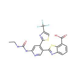 CCNC(=O)Nc1cc(-c2nc(C(F)(F)F)cs2)c(-c2nc3cccc(C(=O)O)c3s2)cn1 ZINC000169313079