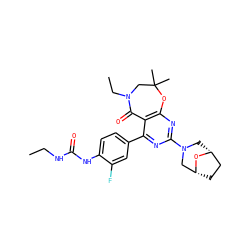 CCNC(=O)Nc1ccc(-c2nc(N3C[C@@H]4CC[C@H](C3)O4)nc3c2C(=O)N(CC)CC(C)(C)O3)cc1F ZINC000205298114