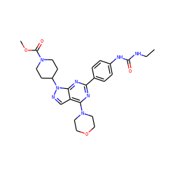 CCNC(=O)Nc1ccc(-c2nc(N3CCOCC3)c3cnn(C4CCN(C(=O)OC)CC4)c3n2)cc1 ZINC000043015790