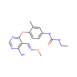 CCNC(=O)Nc1ccc(Oc2ncnc(N)c2/C=N/OC)c(C)c1 ZINC000066076378