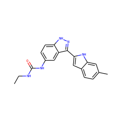 CCNC(=O)Nc1ccc2[nH]nc(-c3cc4ccc(C)cc4[nH]3)c2c1 ZINC000066077002