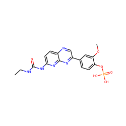 CCNC(=O)Nc1ccc2ncc(-c3ccc(OP(=O)(O)O)c(OC)c3)nc2n1 ZINC000168494189