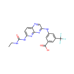 CCNC(=O)Nc1ccc2ncc(Nc3cc(C(=O)O)cc(C(F)(F)F)c3)nc2n1 ZINC000143825627