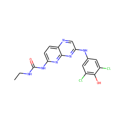 CCNC(=O)Nc1ccc2ncc(Nc3cc(Cl)c(O)c(Cl)c3)nc2n1 ZINC000169711837