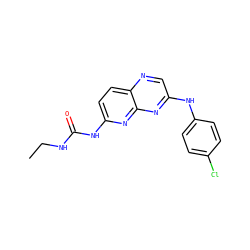 CCNC(=O)Nc1ccc2ncc(Nc3ccc(Cl)cc3)nc2n1 ZINC000167623312