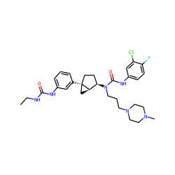 CCNC(=O)Nc1cccc([C@]23CC[C@@H](N(CCCN4CCN(C)CC4)C(=O)Nc4ccc(F)c(Cl)c4)[C@H]2C3)c1 ZINC000036351561