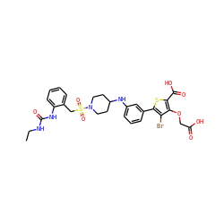 CCNC(=O)Nc1ccccc1CS(=O)(=O)N1CCC(Nc2cccc(-c3sc(C(=O)O)c(OCC(=O)O)c3Br)c2)CC1 ZINC000028711561