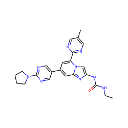 CCNC(=O)Nc1cn2c(-c3ncc(C)cn3)cc(-c3cnc(N4CCCC4)nc3)cc2n1 ZINC000045257674