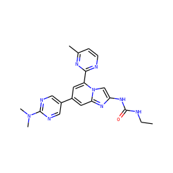 CCNC(=O)Nc1cn2c(-c3nccc(C)n3)cc(-c3cnc(N(C)C)nc3)cc2n1 ZINC000045291515