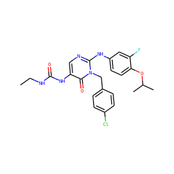CCNC(=O)Nc1cnc(Nc2ccc(OC(C)C)c(F)c2)n(Cc2ccc(Cl)cc2)c1=O ZINC000204095330
