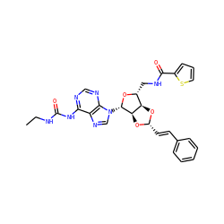 CCNC(=O)Nc1ncnc2c1ncn2[C@@H]1O[C@H](CNC(=O)c2cccs2)[C@H]2O[C@H](/C=C/c3ccccc3)O[C@H]21 ZINC000029125299