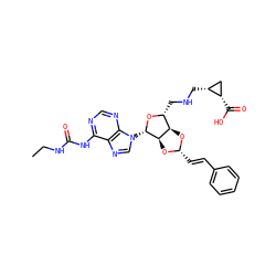 CCNC(=O)Nc1ncnc2c1ncn2[C@@H]1O[C@H](CNC[C@@H]2C[C@@H]2C(=O)O)[C@H]2O[C@H](/C=C/c3ccccc3)O[C@H]21 ZINC000029125040