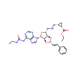 CCNC(=O)Nc1ncnc2c1ncn2[C@@H]1O[C@H](CNC[C@@H]2C[C@@H]2C(=O)OCC)[C@H]2O[C@H](/C=C/c3ccccc3)O[C@H]21 ZINC000029125191
