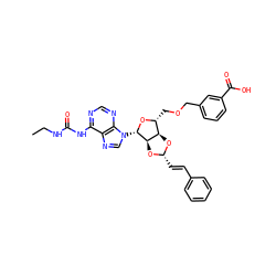 CCNC(=O)Nc1ncnc2c1ncn2[C@@H]1O[C@H](COCc2cccc(C(=O)O)c2)[C@H]2O[C@H](/C=C/c3ccccc3)O[C@H]21 ZINC000029124869