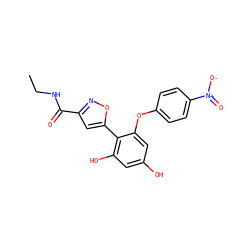 CCNC(=O)c1cc(-c2c(O)cc(O)cc2Oc2ccc([N+](=O)[O-])cc2)on1 ZINC000095921246