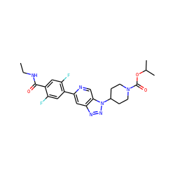 CCNC(=O)c1cc(F)c(-c2cc3nnn(C4CCN(C(=O)OC(C)C)CC4)c3cn2)cc1F ZINC000204214885