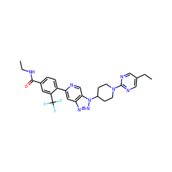 CCNC(=O)c1ccc(-c2cc3nnn(C4CCN(c5ncc(CC)cn5)CC4)c3cn2)c(C(F)(F)F)c1 ZINC001772610371