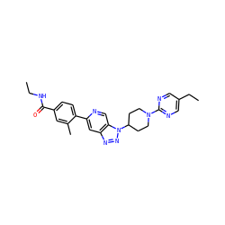CCNC(=O)c1ccc(-c2cc3nnn(C4CCN(c5ncc(CC)cn5)CC4)c3cn2)c(C)c1 ZINC001772576505