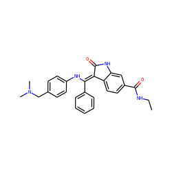 CCNC(=O)c1ccc2c(c1)NC(=O)/C2=C(\Nc1ccc(CN(C)C)cc1)c1ccccc1 ZINC000101372852
