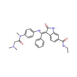 CCNC(=O)c1ccc2c(c1)NC(=O)/C2=C(\Nc1ccc(N(C)C(=O)CN(C)C)cc1)c1ccccc1 ZINC000101372856