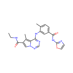CCNC(=O)c1cn2ncnc(Nc3cc(C(=O)Nc4ncco4)ccc3C)c2c1C ZINC000064416819