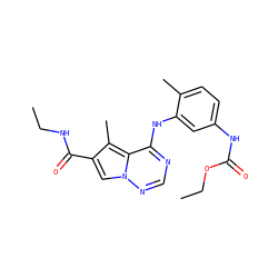 CCNC(=O)c1cn2ncnc(Nc3cc(NC(=O)OCC)ccc3C)c2c1C ZINC000014974285