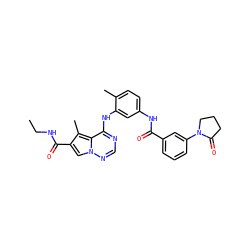 CCNC(=O)c1cn2ncnc(Nc3cc(NC(=O)c4cccc(N5CCCC5=O)c4)ccc3C)c2c1C ZINC000029049146