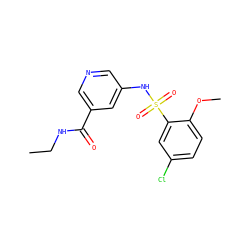 CCNC(=O)c1cncc(NS(=O)(=O)c2cc(Cl)ccc2OC)c1 ZINC000220906074