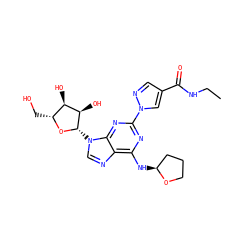 CCNC(=O)c1cnn(-c2nc(N[C@H]3CCCO3)c3ncn([C@@H]4O[C@H](CO)[C@@H](O)[C@H]4O)c3n2)c1 ZINC000028817615