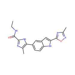CCNC(=O)c1nc(C)c(-c2ccc3[nH]c(-c4nc(C)no4)cc3c2)[nH]1 ZINC000068208324