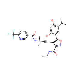 CCNC(=O)c1noc(-c2cc(C(C)C)c(O)cc2O)c1C#CC(C)(C)NC(=O)c1ccc(C(F)(F)F)nc1 ZINC000473086966