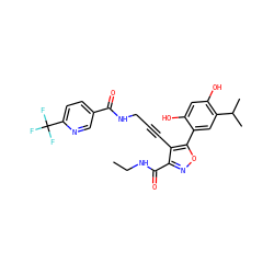CCNC(=O)c1noc(-c2cc(C(C)C)c(O)cc2O)c1C#CCNC(=O)c1ccc(C(F)(F)F)nc1 ZINC000474604780