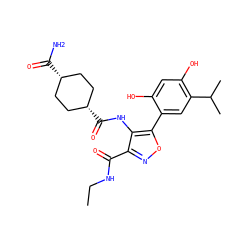 CCNC(=O)c1noc(-c2cc(C(C)C)c(O)cc2O)c1NC(=O)[C@H]1CC[C@@H](C(N)=O)CC1 ZINC000102919079