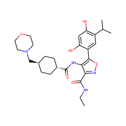 CCNC(=O)c1noc(-c2cc(C(C)C)c(O)cc2O)c1NC(=O)[C@H]1CC[C@H](CN2CCOCC2)CC1 ZINC000101464553