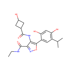 CCNC(=O)c1noc(-c2cc(C(C)C)c(O)cc2O)c1NC(=O)C1CC(O)C1 ZINC000073223619