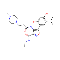 CCNC(=O)c1noc(-c2cc(C(C)C)c(O)cc2O)c1NC(=O)CCN1CCN(C)CC1 ZINC000073222983