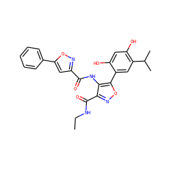 CCNC(=O)c1noc(-c2cc(C(C)C)c(O)cc2O)c1NC(=O)c1cc(-c2ccccc2)on1 ZINC000082158141