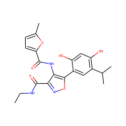 CCNC(=O)c1noc(-c2cc(C(C)C)c(O)cc2O)c1NC(=O)c1ccc(C)o1 ZINC000073220241