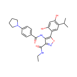 CCNC(=O)c1noc(-c2cc(C(C)C)c(O)cc2O)c1NC(=O)c1ccc(N2CCCC2)cc1 ZINC000073221178