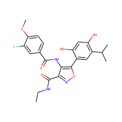 CCNC(=O)c1noc(-c2cc(C(C)C)c(O)cc2O)c1NC(=O)c1ccc(OC)c(F)c1 ZINC000073222986