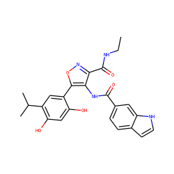 CCNC(=O)c1noc(-c2cc(C(C)C)c(O)cc2O)c1NC(=O)c1ccc2cc[nH]c2c1 ZINC000073224307