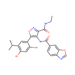 CCNC(=O)c1noc(-c2cc(C(C)C)c(O)cc2O)c1NC(=O)c1ccc2ncoc2c1 ZINC000073219382