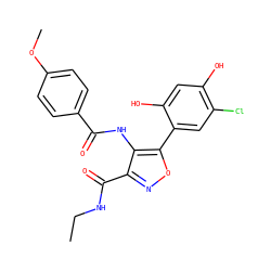 CCNC(=O)c1noc(-c2cc(Cl)c(O)cc2O)c1NC(=O)c1ccc(OC)cc1 ZINC000073225043