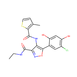 CCNC(=O)c1noc(-c2cc(Cl)c(O)cc2O)c1NC(=O)c1sccc1C ZINC000073222899