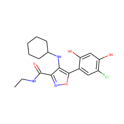 CCNC(=O)c1noc(-c2cc(Cl)c(O)cc2O)c1NC1CCCCC1 ZINC000073221702
