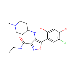 CCNC(=O)c1noc(-c2cc(Cl)c(O)cc2O)c1NC1CCN(C)CC1 ZINC000073221706