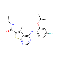 CCNC(=O)c1sc2ncnc(Nc3ccc(F)cc3OC(C)C)c2c1C ZINC000473155248